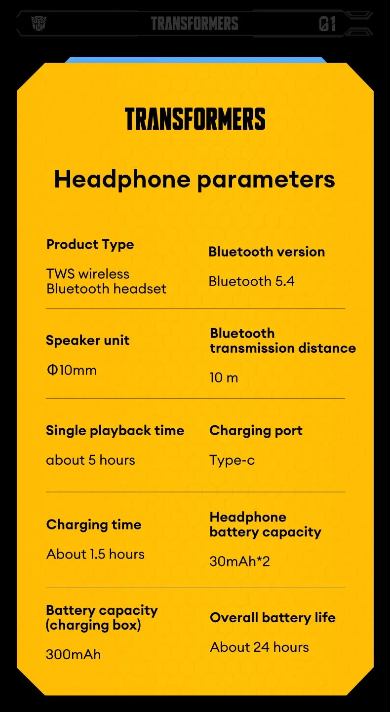 TRANSFORMERS Écouteurs sans fil Bluetooth 5.4 Son HiFi Casque d'appel HD Casque étanche longue endurance à faible latence