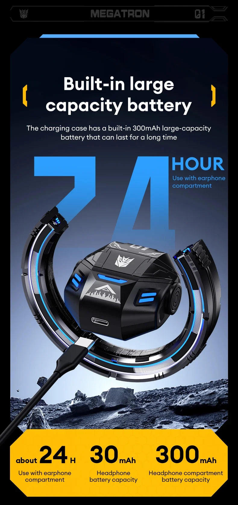 TRANSFORMERS Écouteurs sans fil Bluetooth 5.4 Son HiFi Casque d'appel HD Casque étanche longue endurance à faible latence