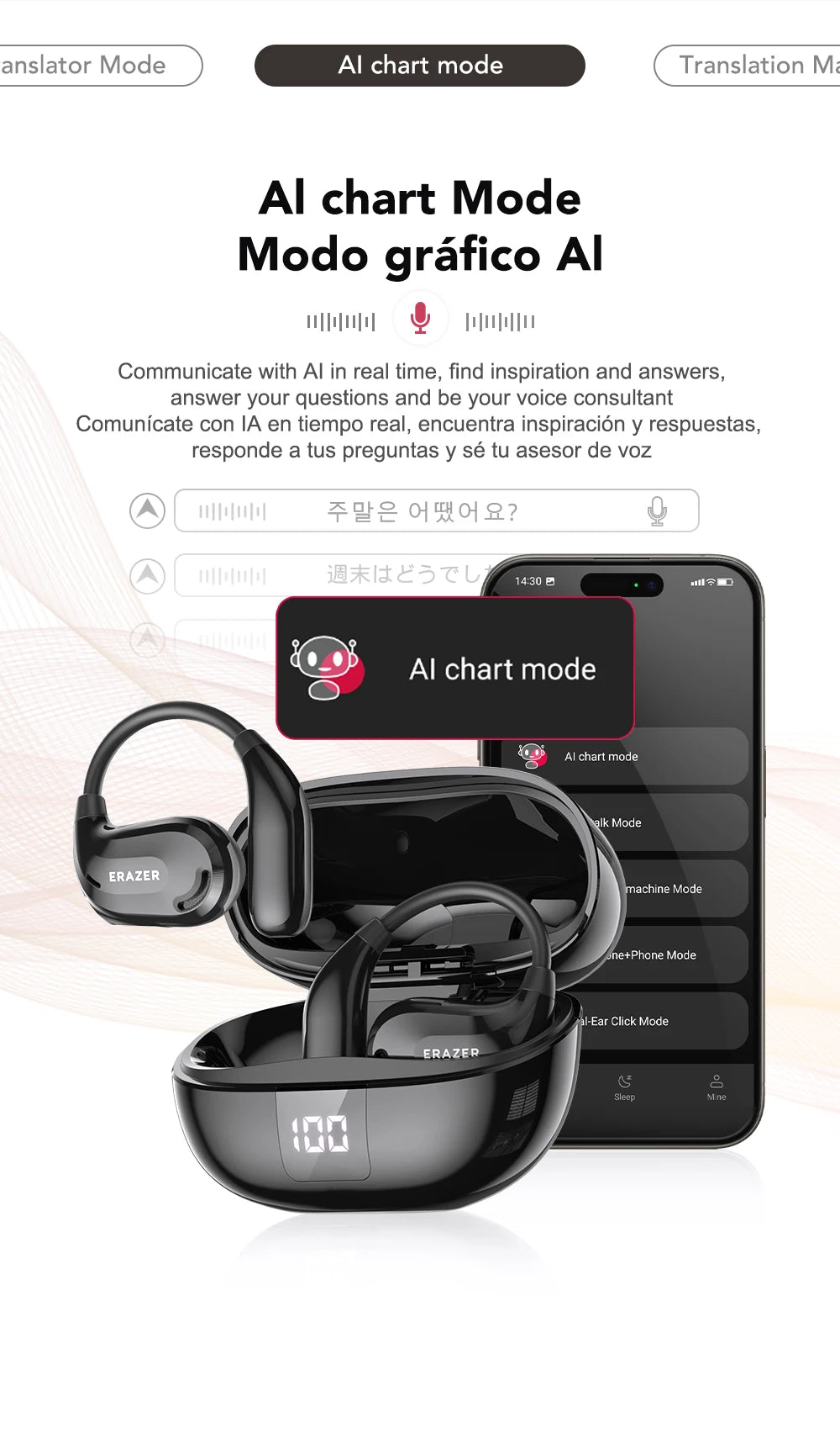 Écouteurs Bluetooth ERAZER XT66PRO Casques ASMR DIY APP Écouteurs traducteur AI Casque sans fil 13 heures d'autonomie Affichage