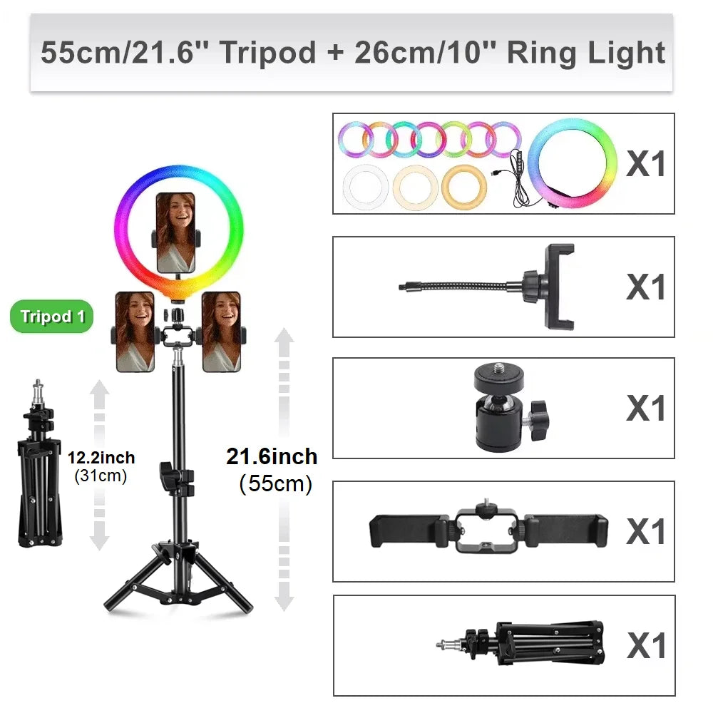 Support de téléphone pour caméra de diffusion en direct à hauteur réglable, trépied avec anneau lumineux pour selfie de 10 pouces pour tournage de vidéos Vlog sur YouTube