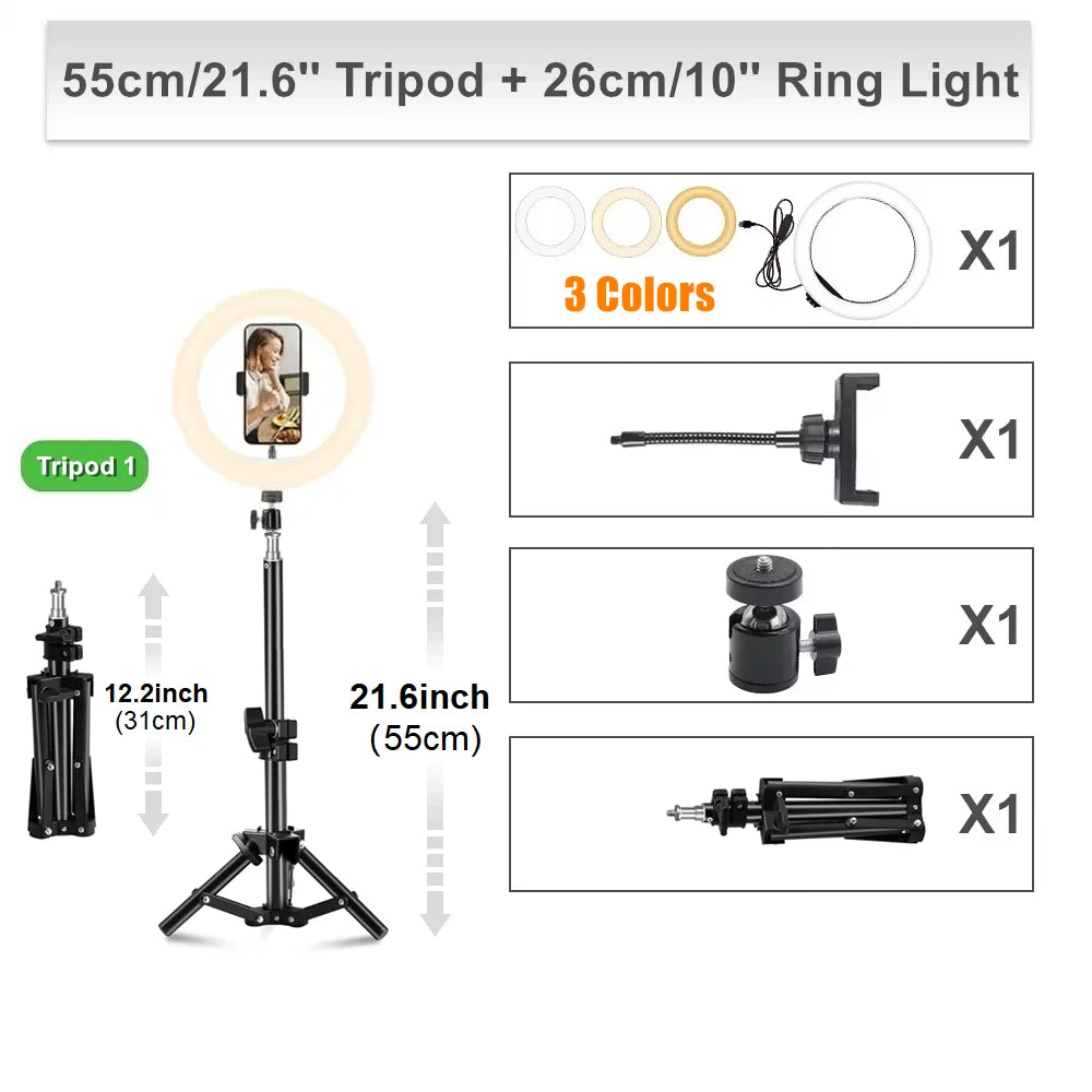 Support de téléphone pour caméra de diffusion en direct à hauteur réglable, trépied avec anneau lumineux pour selfie de 10 pouces pour tournage de vidéos Vlog sur YouTube