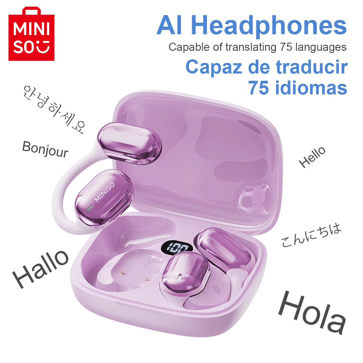 Écouteurs de traduction Bluetooth MINISO MS162 Casque sans fil AI pour voyage au bureau, unité de pilote 16 mm