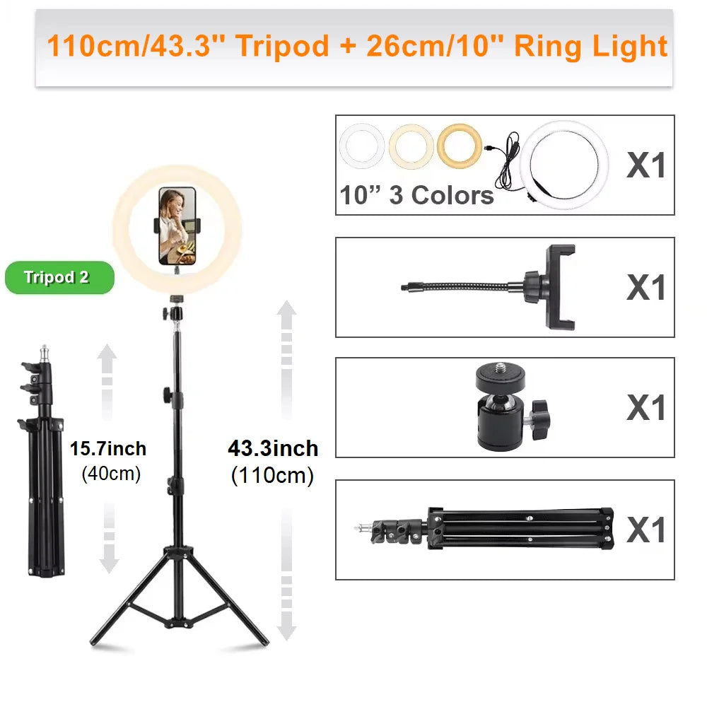 Support de téléphone pour caméra de diffusion en direct à hauteur réglable, trépied avec anneau lumineux pour selfie de 10 pouces pour tournage de vidéos Vlog sur YouTube