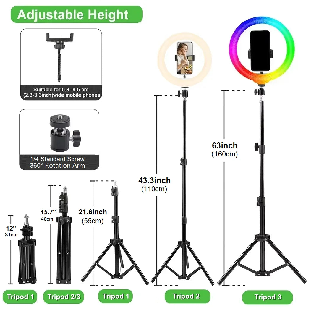 Support de téléphone pour caméra de diffusion en direct à hauteur réglable, trépied avec anneau lumineux pour selfie de 10 pouces pour tournage de vidéos Vlog sur YouTube