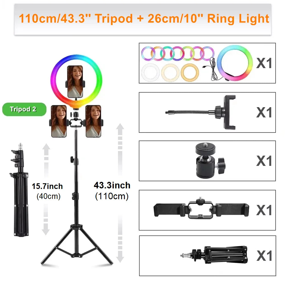 Support de téléphone pour caméra de diffusion en direct à hauteur réglable, trépied avec anneau lumineux pour selfie de 10 pouces pour tournage de vidéos Vlog sur YouTube