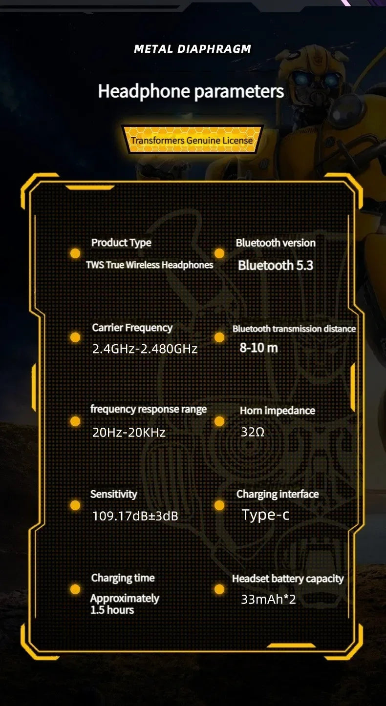 Écouteurs sans fil Bluetooth 5.3 Transformers TF-T01 Casque HIFI Bumblebee Casque de jeu à faible latence Longue durée de veille