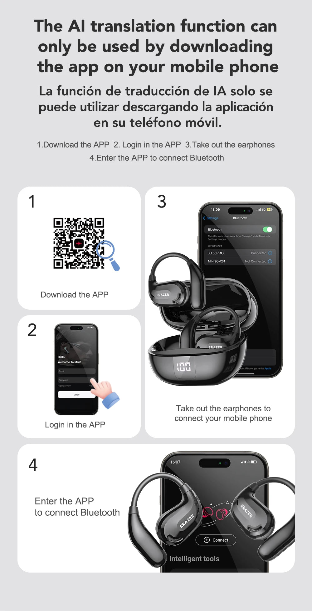 Écouteurs Bluetooth ERAZER XT66PRO Casques ASMR DIY APP Écouteurs traducteur AI Casque sans fil 13 heures d'autonomie Affichage