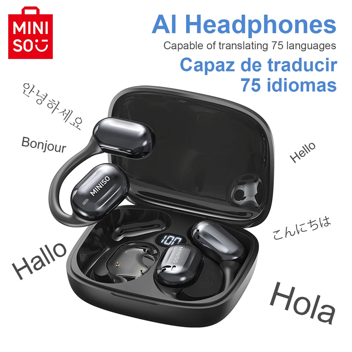 MINISO MS162 Écouteurs Bluetooth AI – Traducteur Instantané, Sans Fil, Bureau & Voyage, Unité de 16mm