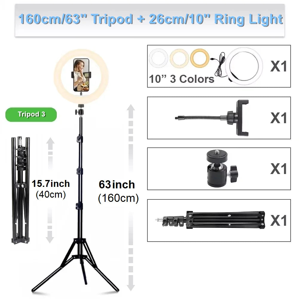 Support de téléphone pour caméra de diffusion en direct à hauteur réglable, trépied avec anneau lumineux pour selfie de 10 pouces pour tournage de vidéos Vlog sur YouTube