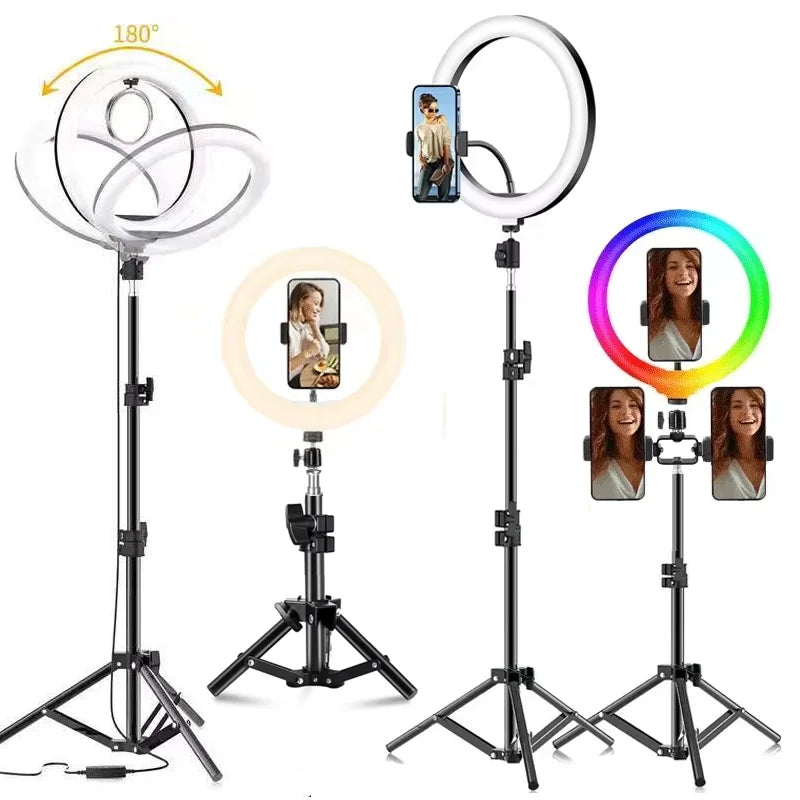 Support de téléphone pour caméra de diffusion en direct à hauteur réglable, trépied avec anneau lumineux pour selfie de 10 pouces pour tournage de vidéos Vlog sur YouTube