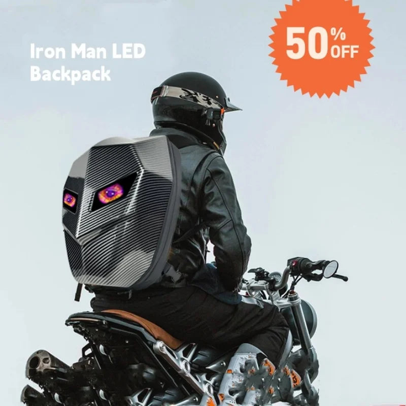 Sac de casque de moto à LED Sac de voyage Personnalité de la rue Yeux d'Iron Man Écran lumineux Roue Bluetooth Sac à dos animé