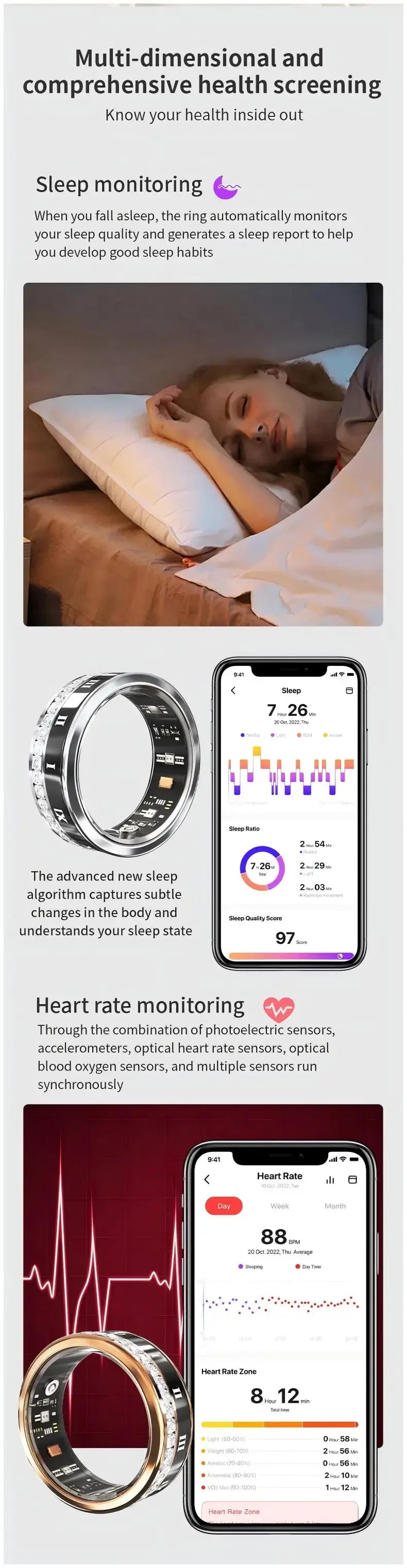 Bague intelligente Bluetooth en diamant pour hommes et femmes, bijoux de mariage, acier titane étanche, avec moniteur de fréquence cardiaque et de sommeil